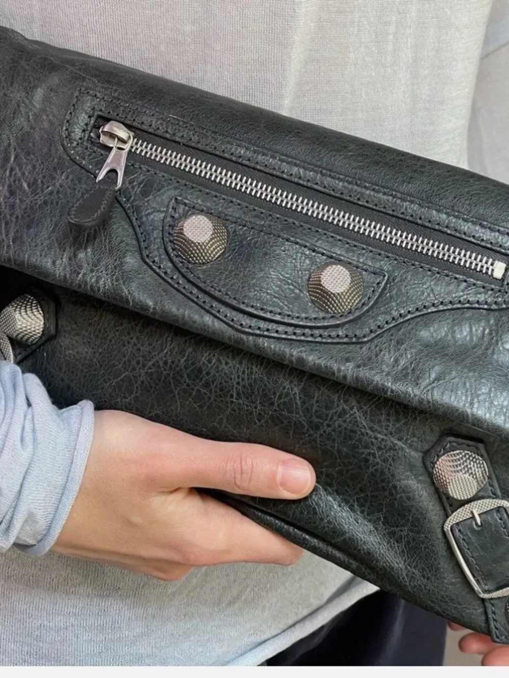 Balenciaga Black Leather Fold-Over Messenger Bag with Silver Hardware authentic